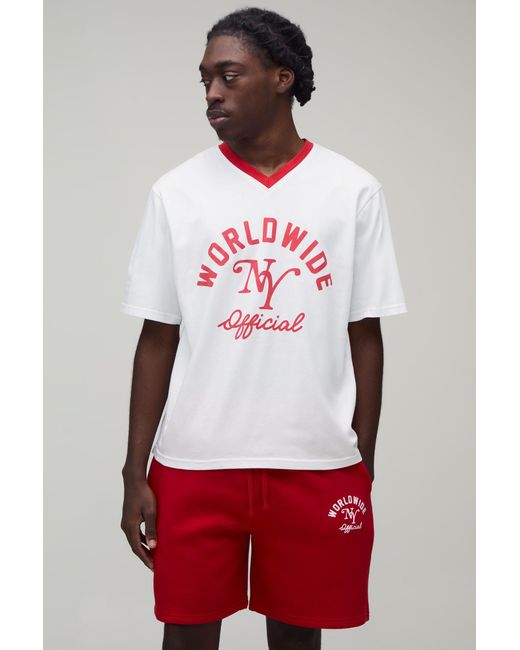 BoohooMAN Red Regular Fit Worldwide Printed T-Shirt & Short Set for men