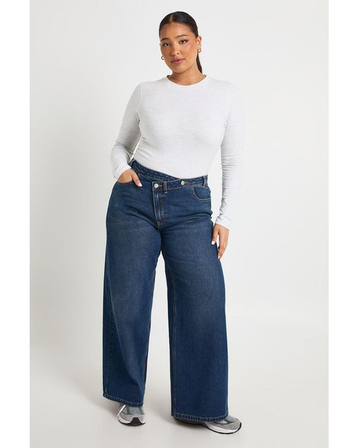 Boohoo Blue Plus High Waist Crossover Waistband Wide Leg Jean