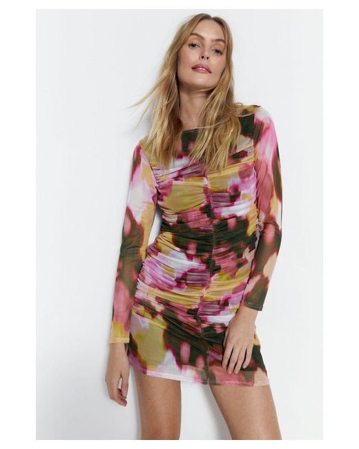 Warehouse Multicolor Abstract Print Mesh Mini Dress
