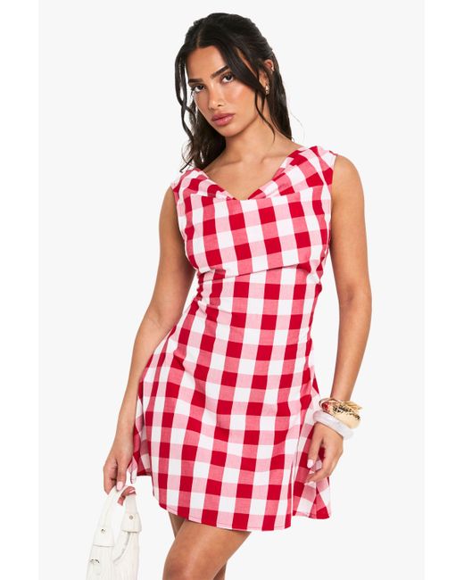 Boohoo Red Petite Gingham Skater Mini Dress