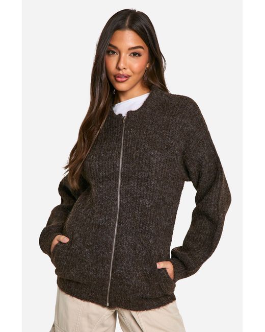 Boohoo Black Oversized Zip Through Knitted Bomber Jacket