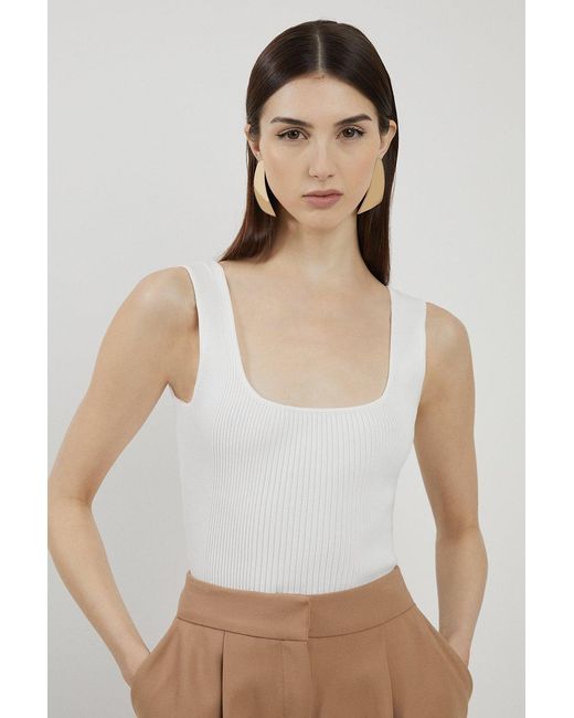 Karen Millen White Viscose Blend Rib Knit Square Neck Vest