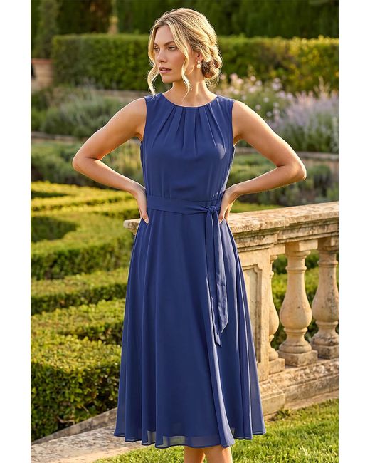 Roman Blue Chiffon Pleated Neck Midi Dress