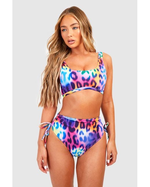 Boohoo Purple Leopard Longline Scoop Bikini Top