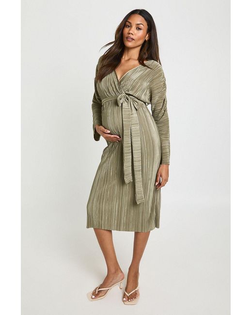Boohoo Green Maternity Plisse Belted Midi Dress