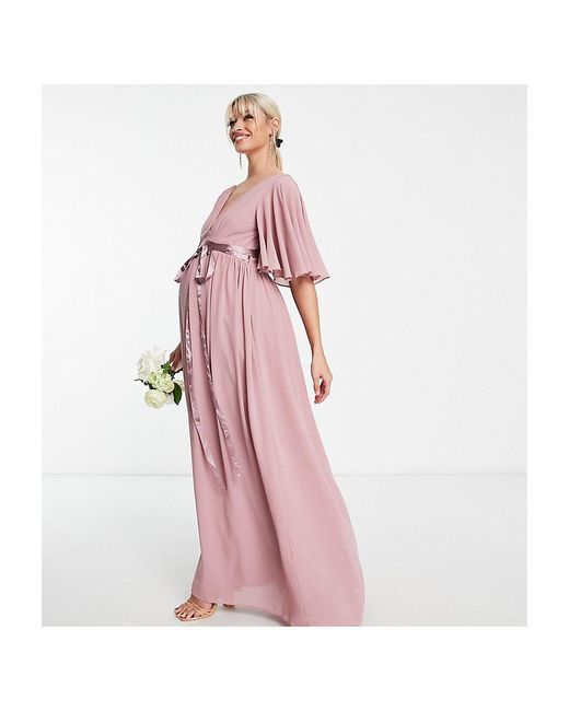 TFNC London Pink Materity Bridesmaid Kimono Sleeve Pleated Maxi Dress With Angel