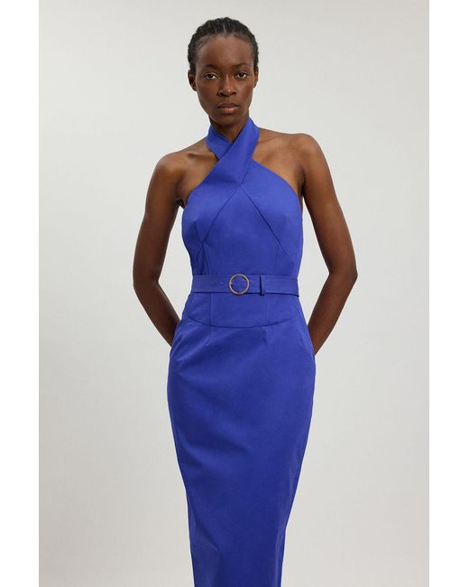 Karen Millen Blue Tailored Cotton Sateen Pencil Belted Midi Dress