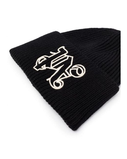 Palm Angels Black Embroidered Monogram Beanie for men