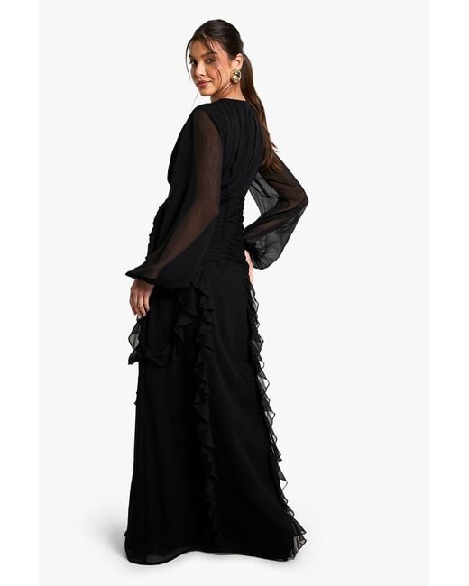 Boohoo Black Crinkle Chiffon Ruffle Maxi Dress