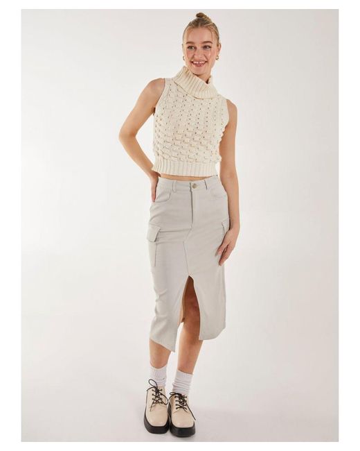 Pink Vanilla White Knitted High Neck Threaded Sleeveless Top