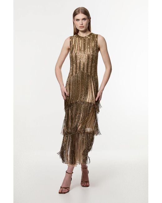 Karen Millen Petite Embellished And Beaded Layered Fringing Woven Midi Dress  in Metallic | Lyst UK