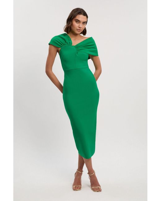 Karen Millen Green Figure Form Bandage Asymmetric Strap Knit Midi Dress