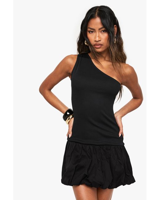 Boohoo Black Jersey Rib Cotton Mix One Shoulder Puffball Mini Dress