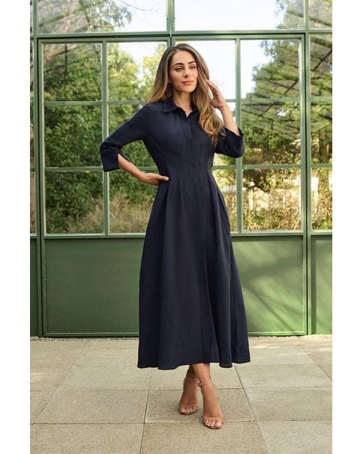 Karen Millen Green Lydia Premium Tailored Linen Darted Waist Midi Dress