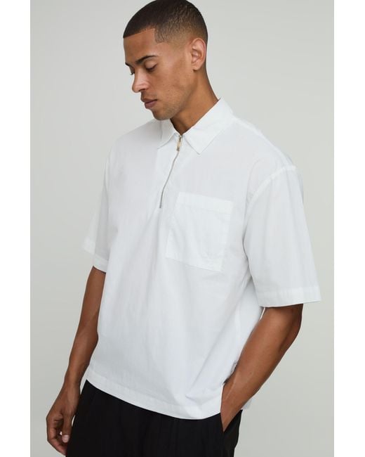 BoohooMAN White Oversized Boxy Quarter Zip Half Sleeve Shirt for men
