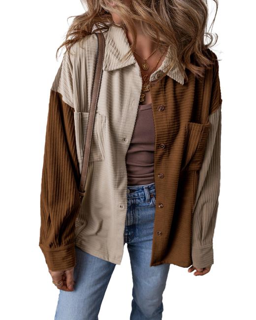 Azura Exchange Brown Braunes Color-Block-Chambray Mit Brusttaschen Und Knöpfen Aus Corduroy