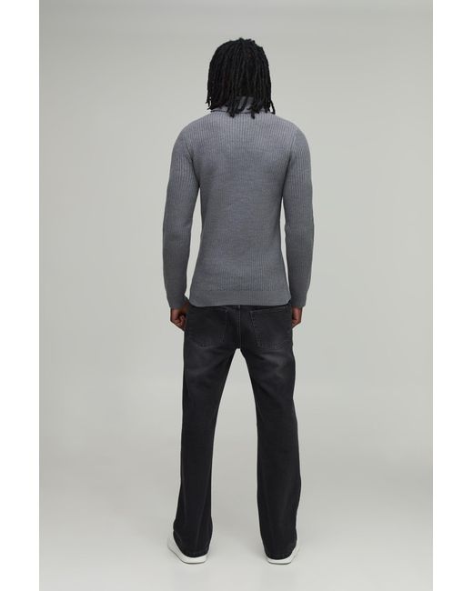 BoohooMAN Gray Tall Muscle Fit Ribbed Roll Neck Knitted Jumper for men