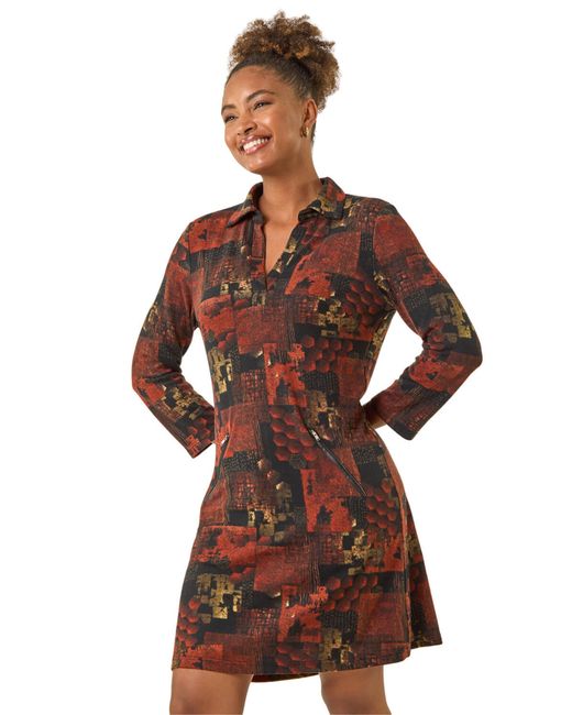 Roman Brown Patchwork Print Shift Dress