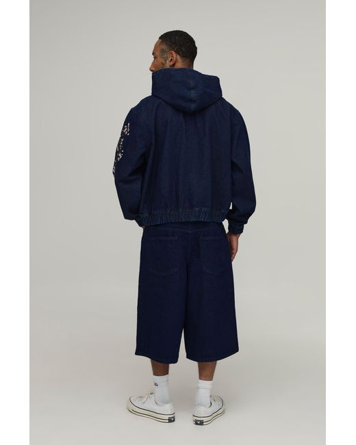 BoohooMAN Blue Floral Embroidered Boxy Denim Hoodie for men
