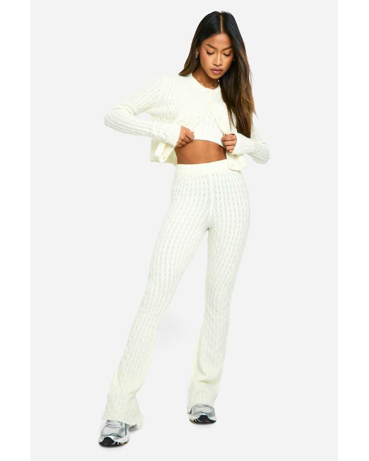 Boohoo White Soft Cable Knitted Cardigan, Crop Top And Flare Leg Trouser 3 Piece Set
