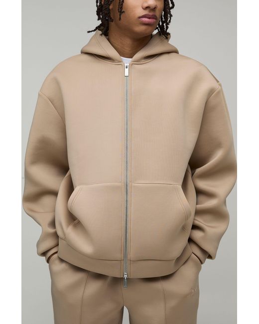 BoohooMAN Natural Oversized Boxy Bonded Scuba Zip Through Hoodie for men