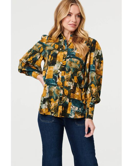 Izabel London Green Leaf Print Puff Sleeve Relaxed Shirt