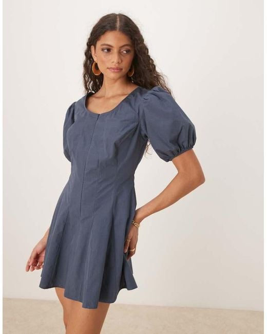 ASOS Blue Poplin Puff Sleeve Mini Dress With Godets