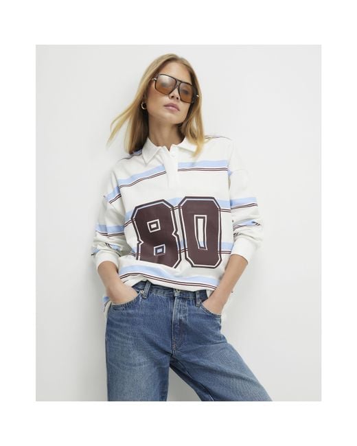 River Island White Sweatshirt Long Sleeve Stripe Number Cotton