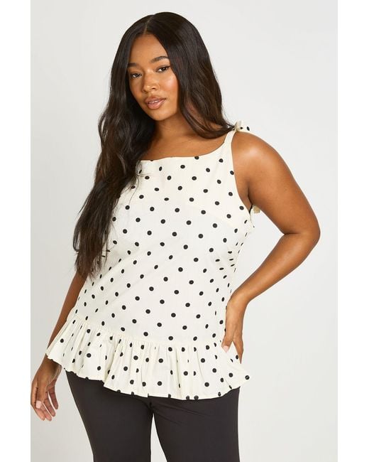 Boohoo White Plus Poplin Polka Dot Tie Shoulder Top