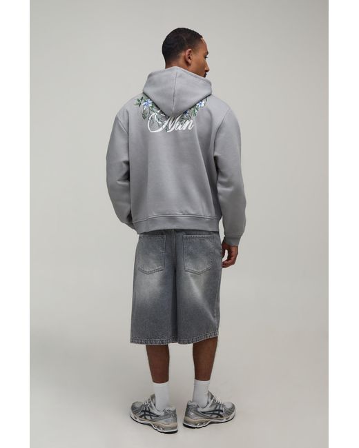 BoohooMAN Gray Oversized Boxy Floral Embroidered Hoodie for men