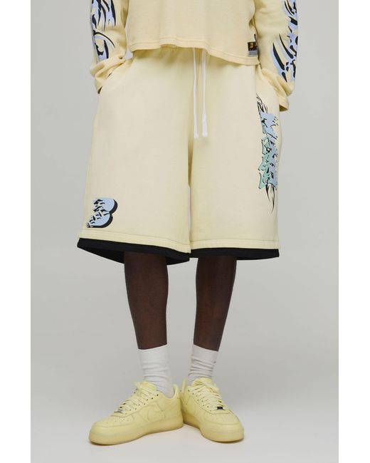 BoohooMAN Natural Oversized Graffiti Graphic Washed Jersey Jorts for men