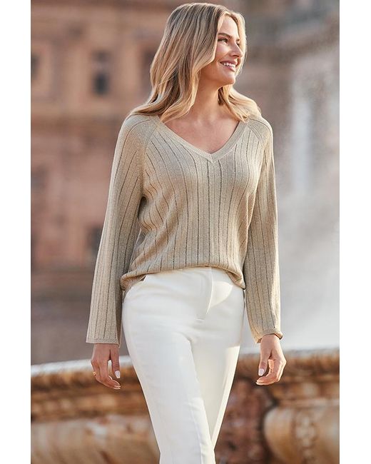 Sosandar Brown Sparkle Metallic Pointelle Stitch Fluted Sleeve Jumper Leather