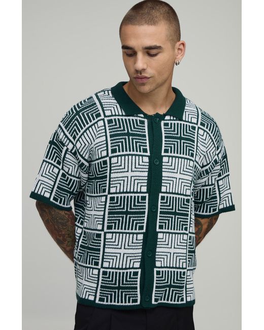 BoohooMAN Green Boxy Fit Square Tapestry Button Up Knitted Shirt for men