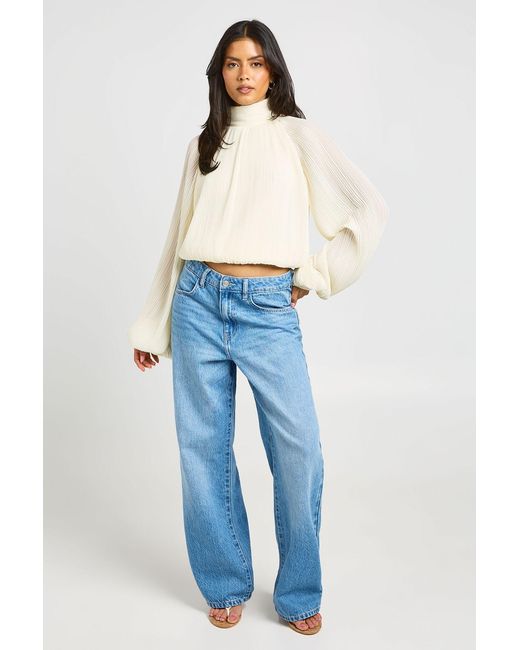 Boohoo Blue Plisse Batwing Blouse