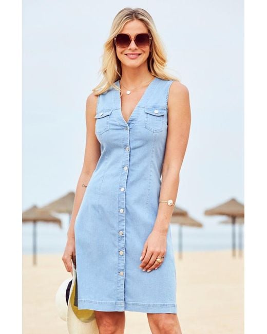 Sosandar Blue Light Wash Button Front Sleeveless Denim Dress