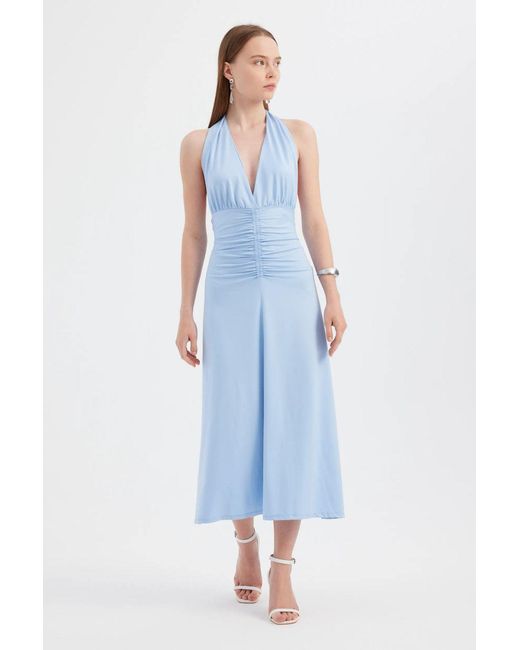 Hiccup Blue Backless Halter Neck Midi Dress