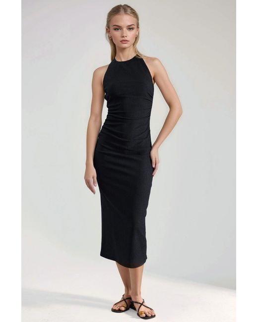 Hiccup Black Textured Midi Bodycon Dress With Halter Collar