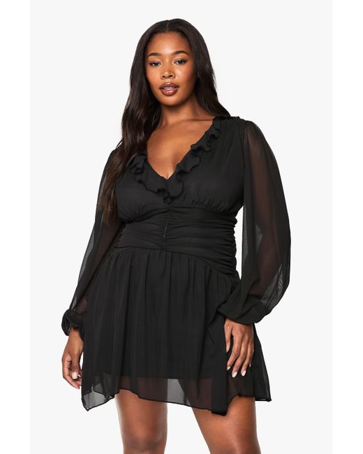 Boohoo Black Plus Mesh Ruffle Skater Dress
