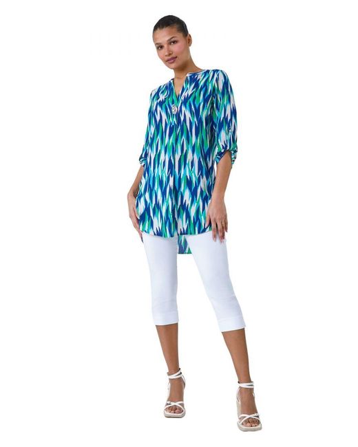 Roman Blue Abstract Longline Button Detail Tunic Top