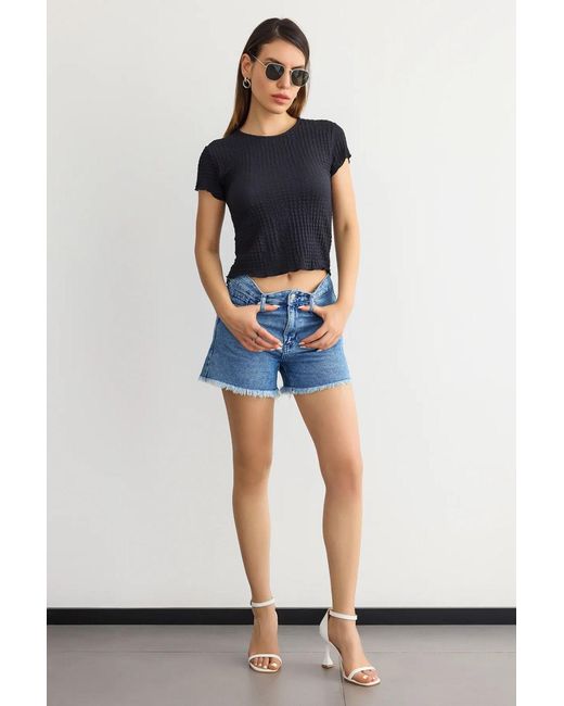 Hiccup Blue Short-Sleeve Round Neck Cropped Top