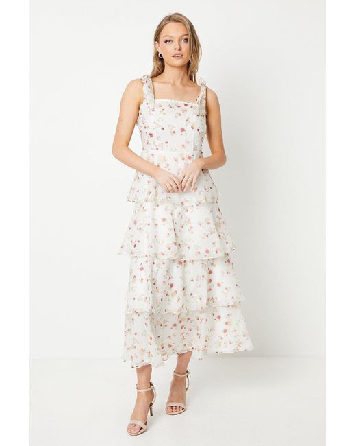 Oasis White Ditsy Floral Tie Shoulder Organza Tiered Midi Dress