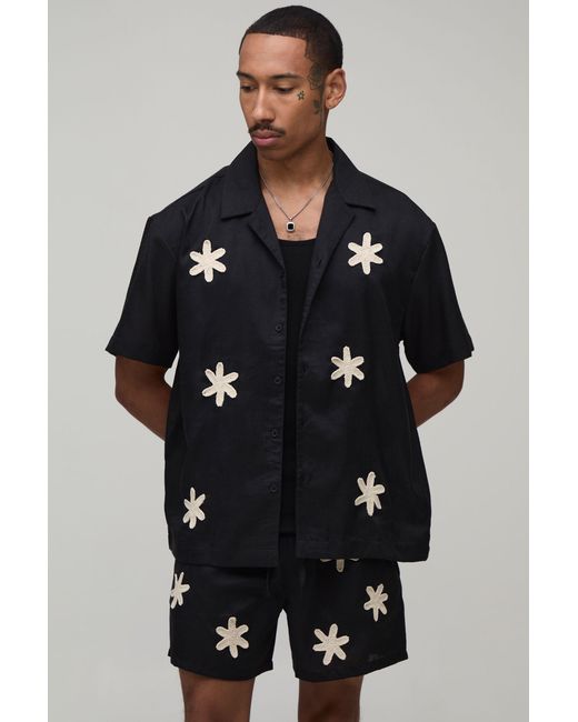 BoohooMAN Black Oversized Crotchet Applique Shirt And Short Set for men