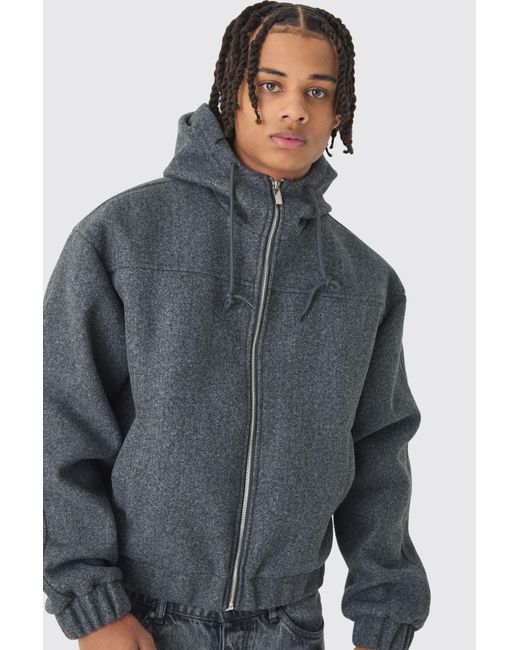 BoohooMAN Gray Boxy Melton Hooded Bomber Jacket for men