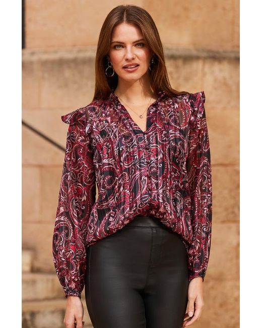 Sosandar Red Burgundy Paisley Print Ruffle Shoulder Tie Neck Blouse