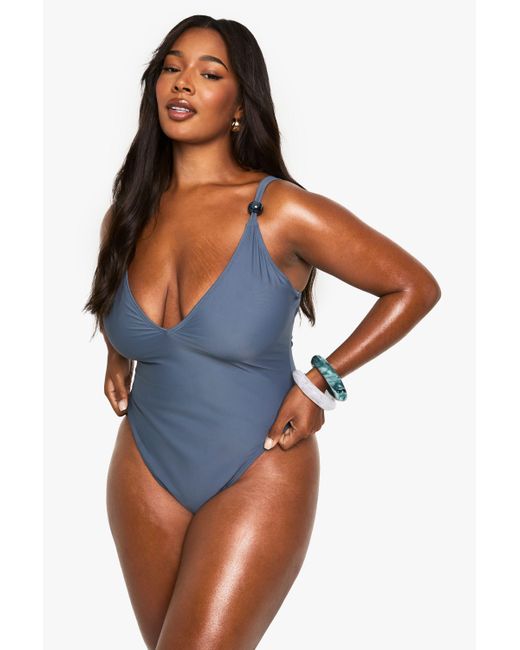 Boohoo Blue Plus Bead Trim Swimsuit