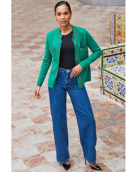 Sosandar Green Pocket Front Cardigan With Chain Trim Detail Cotton