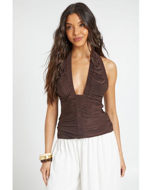 Boohoo Brown Super Ruched Matt Slinky V Neck Racer Back Top