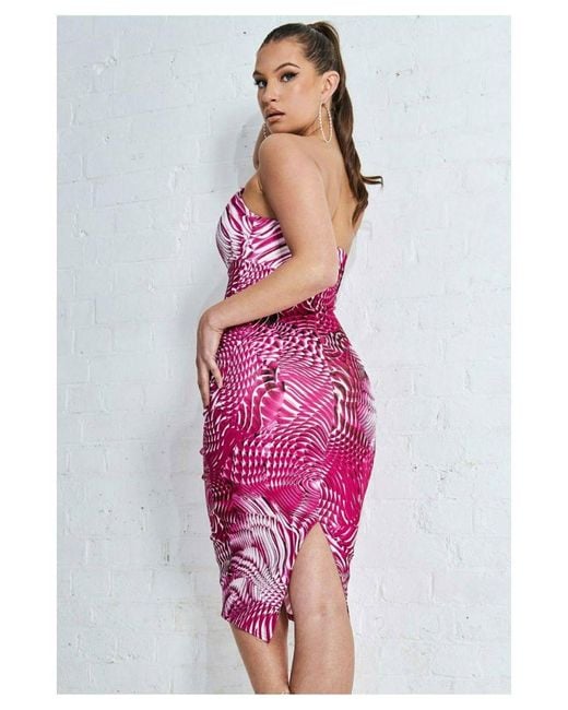 Goddiva Pink Abstract Bandeau Bodycon Midi Dress