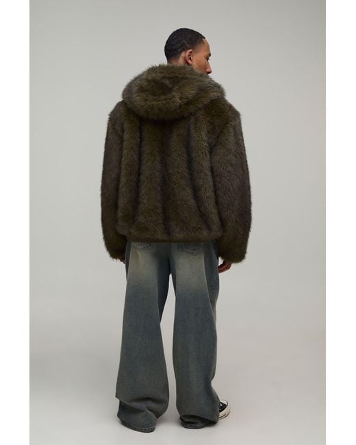 BoohooMAN Brown Oversized Boxy Faux Fur Hooded Jacket for men