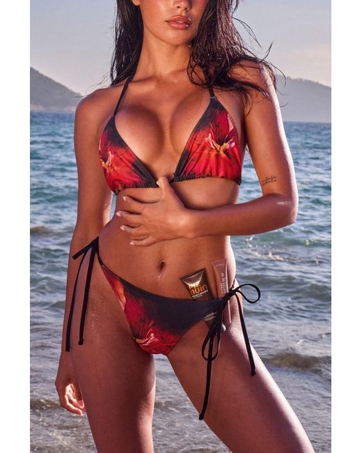 Boohoo Red Abstract Floral Print Triangle Bikini Top & Tie Side Bottoms